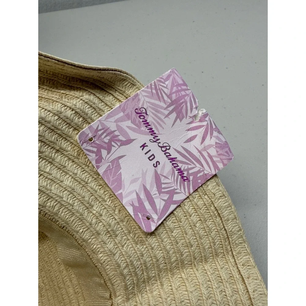 Tommy Bahama Kids Tan Straw Sun Hat Fedora Striped Pom Pom NWT New